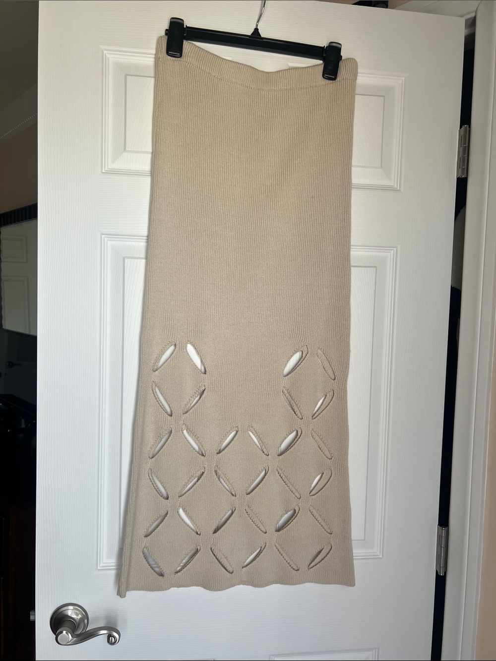 Sincerely Jules Beige Knit Maxi Skirt with Lattice Cutouts
